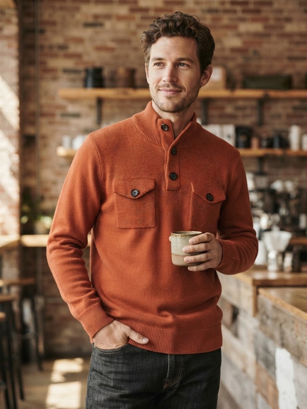 Banana Republic Burnt Orange Cotton Button Neck Sweater Men’s M